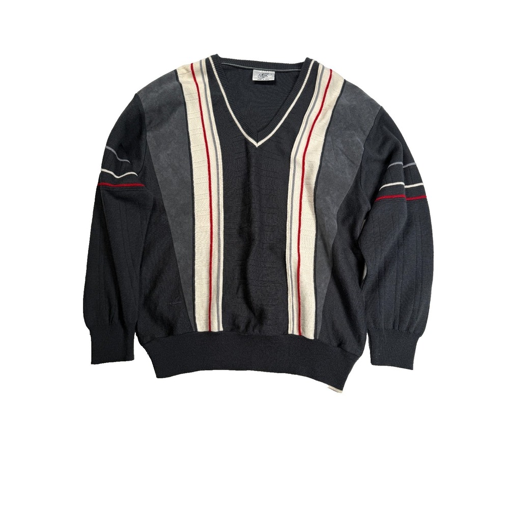 Gabicci Italy V Neck Sweater Mens Large Gray Striped Knit Pullover Vintage